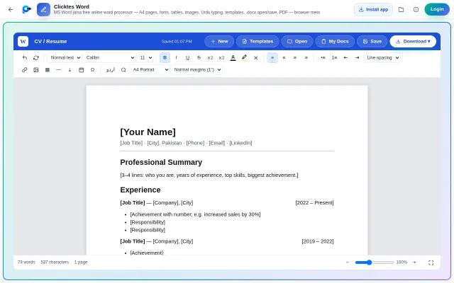 Clicktes Word for Windows screenshot